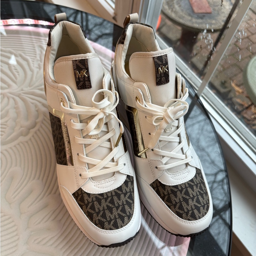 Michael Kors Georgie Cream and Brown Logo Sneakers - Picture 2 of 6